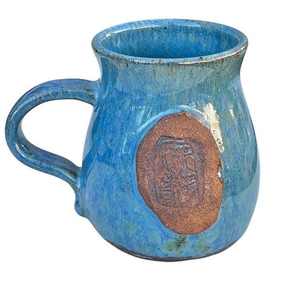 Unknown Other - Signed Ceramic Mug Handmade Blue Glaze Stamped Front Detail 6x5x4.5 Coffee Tea